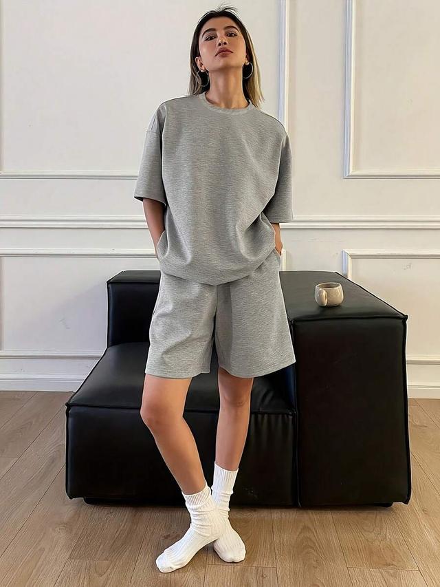 solid grey round neck short sleeve loungewear set