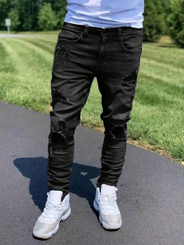 streetwear men's black elastic slim fit distressed denim jeans