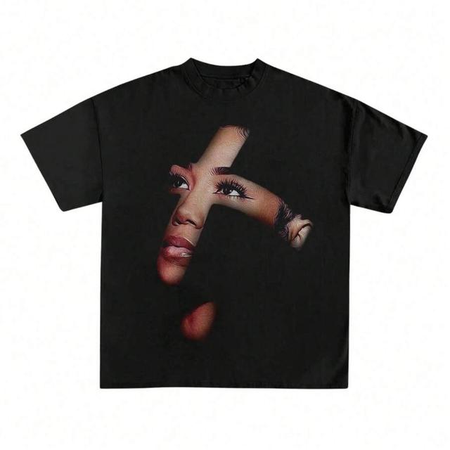 black cotton graphic print short sleeve concert t-shirt