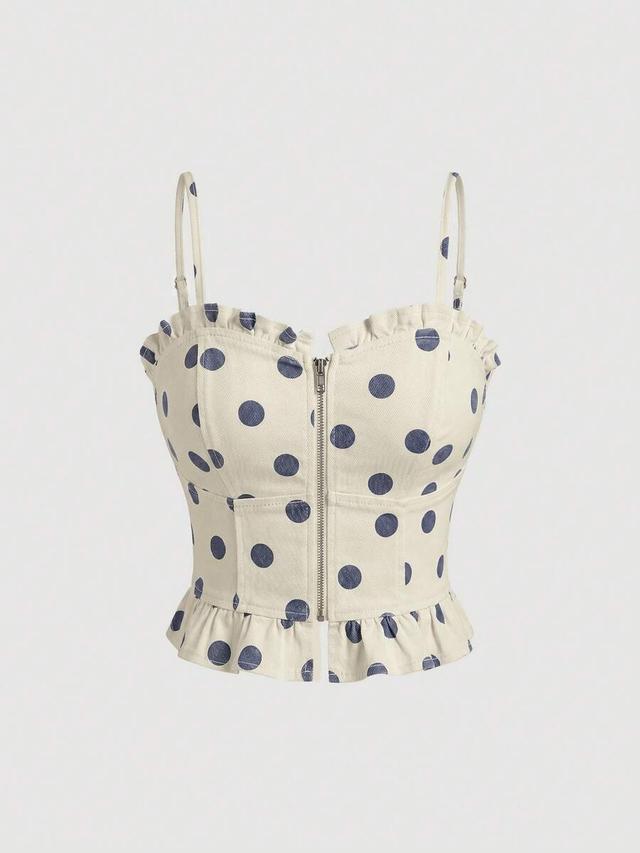 polka dot denim camisole top with ruffled hem
