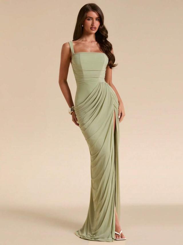 sage green draped sweetheart neckline maxi dress