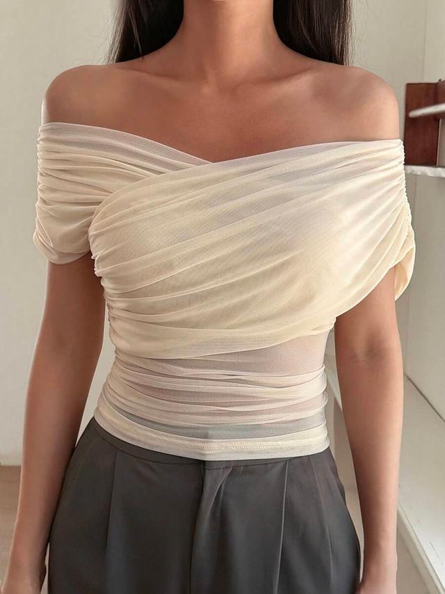 dazy off-shoulder cream mesh draped fitted top