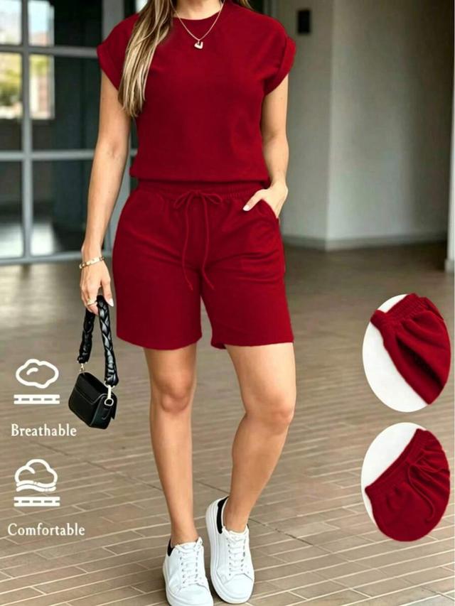 red solid color drawstring shorts set