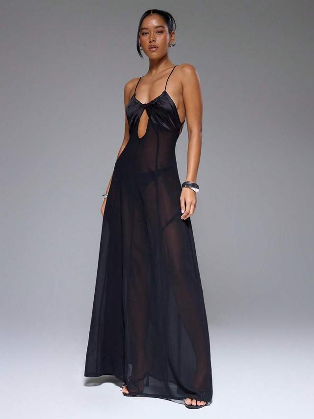 musera halterneck satin bust panel chiffon maxi dress