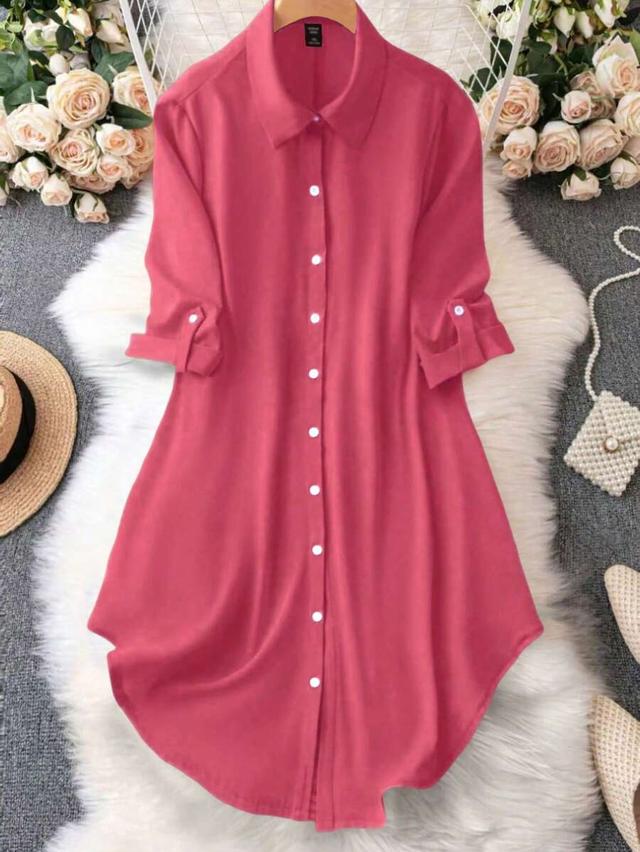 solid color roll-up sleeve single-breasted shirt dress