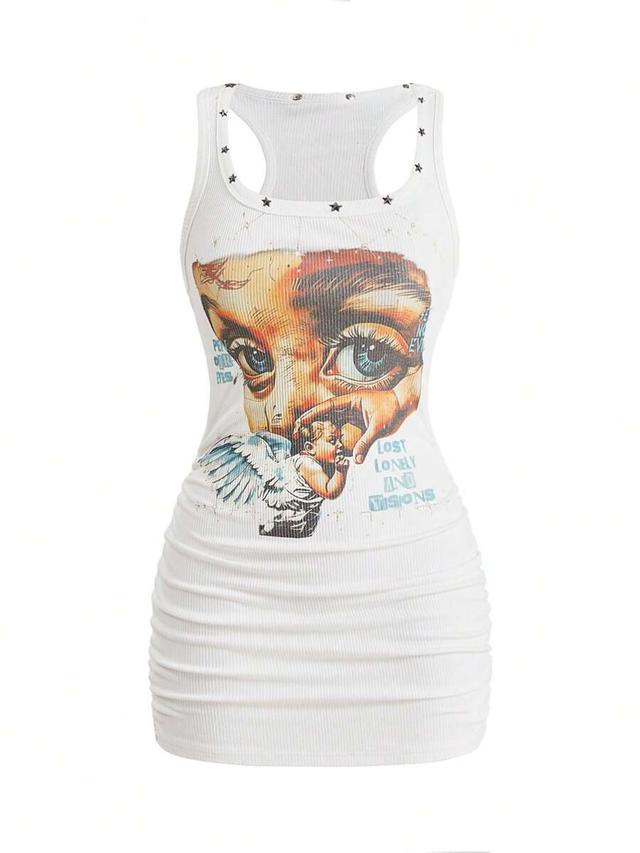 white ribbed angel print star studded mini dress