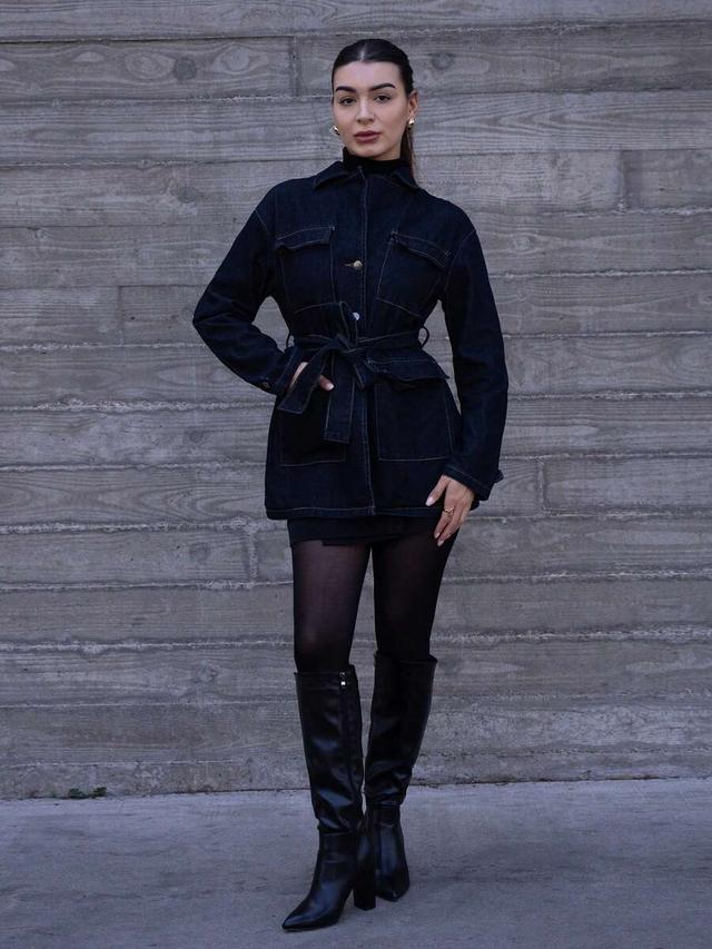 dark wash denim belted utility jacket