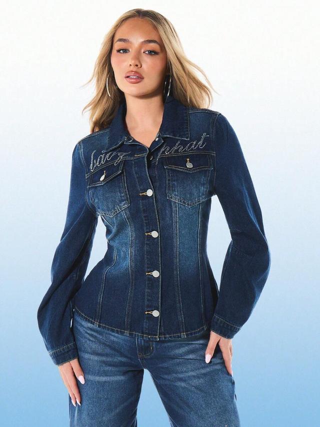 dark wash cinched waist rhinestone embellished denim jacket