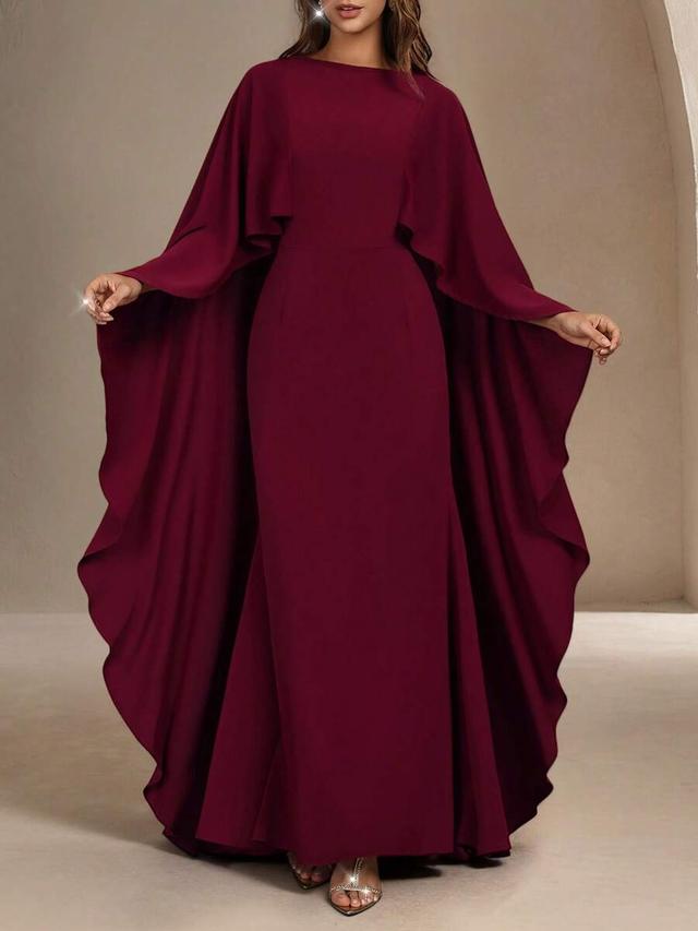 women's elegant red cape sleeve fitted mermaid dress