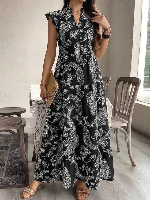 casual vacation cashew print cap sleeve tiered dress