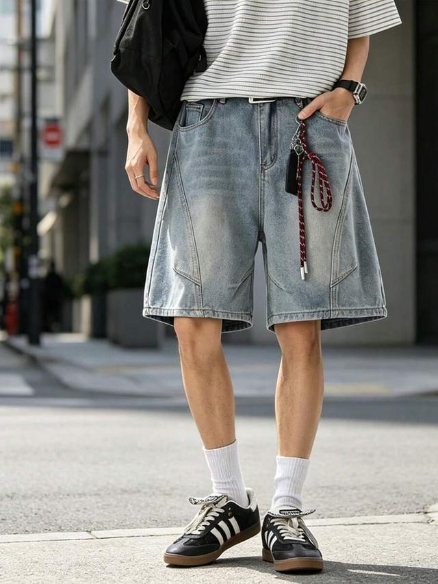 vintage washed distressed patchwork loose fit denim shorts