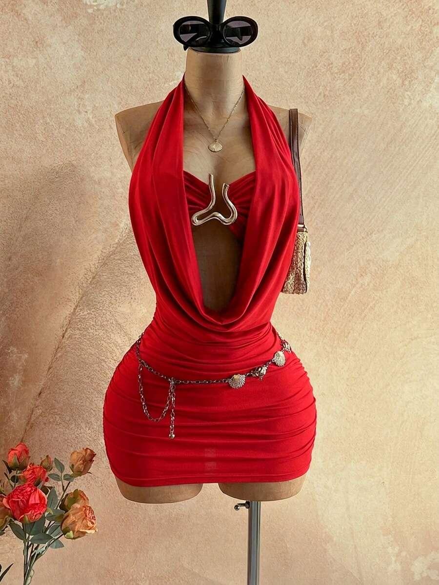 red cowl neck draped mini dress with hardware