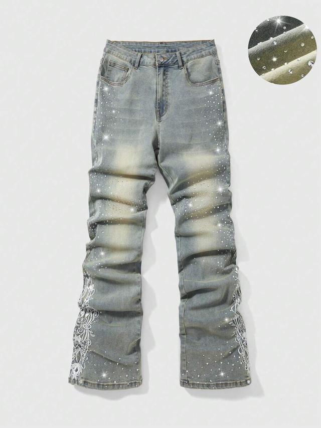 distressed vintage wash denim jeans with rhinestone decor