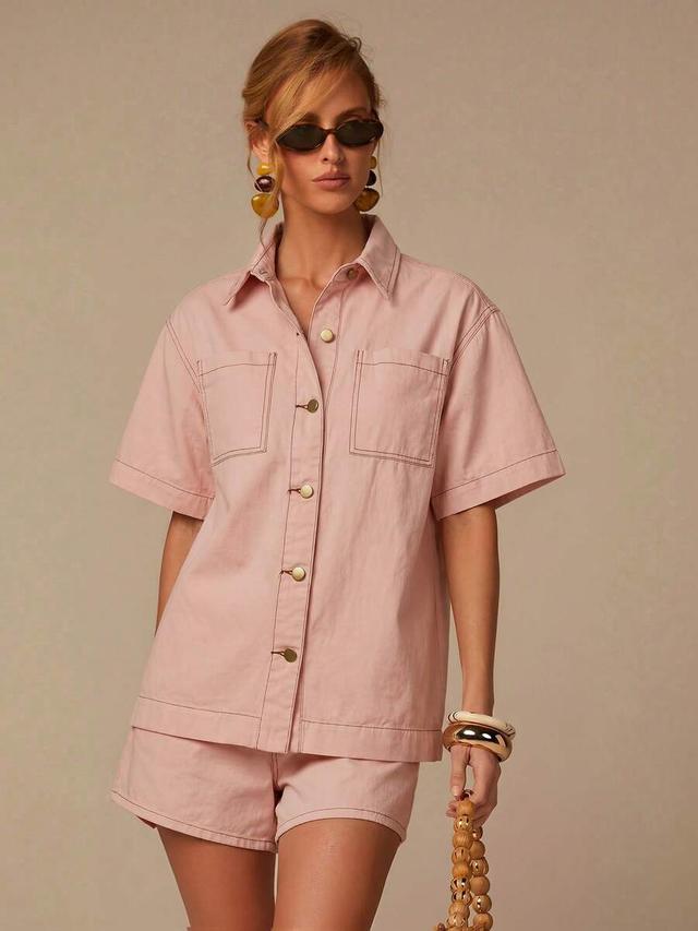 dusty pink denim short sleeve shirt and shorts set