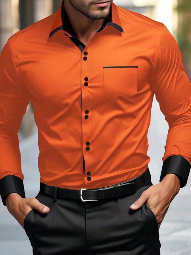 orange contrast trim buttoned long sleeve formal shirt