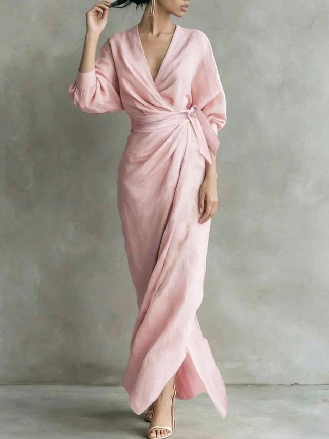 elegant v-neck long sleeve solid pink wrap dress