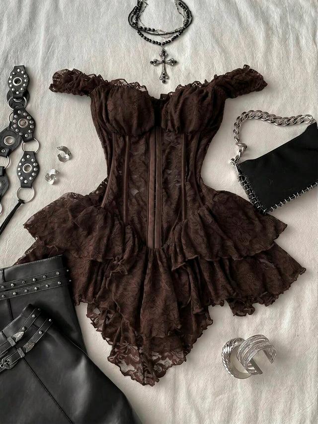 brown lace corset mini dress with asymmetrical ruffles