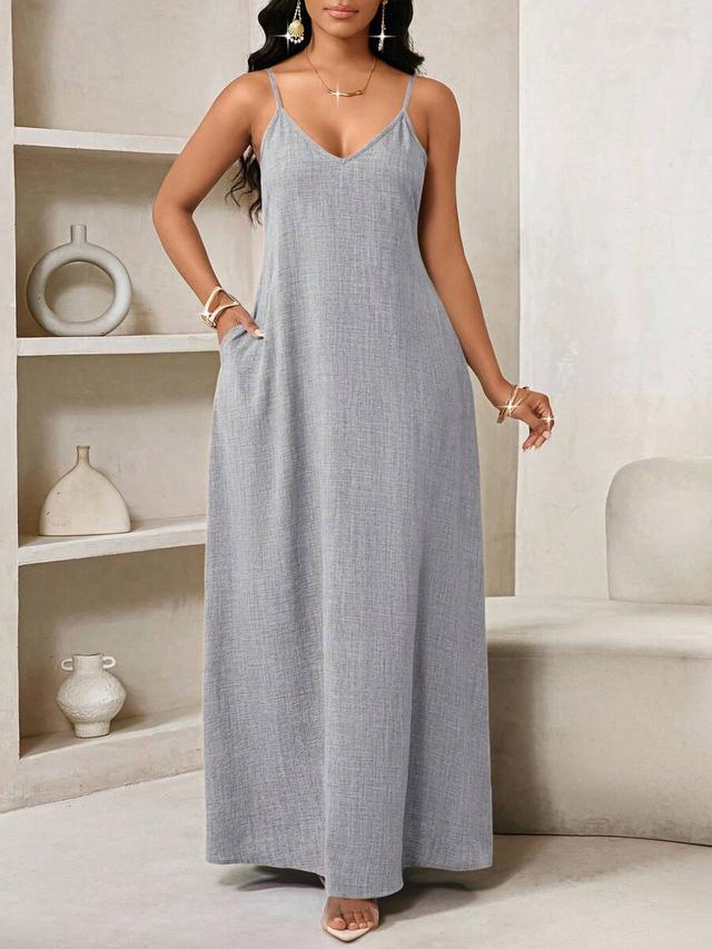 grey linen blend backless maxi dress