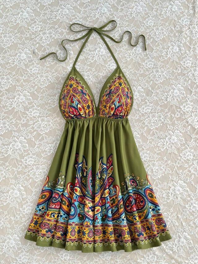 olive green paisley print halter neck mini dress