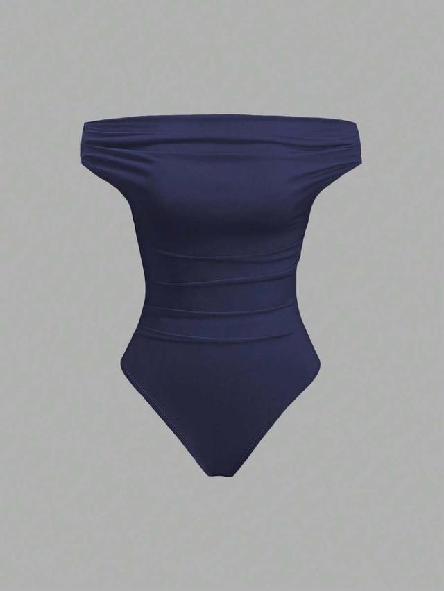 navy blue off-the-shoulder fitted bodysuit