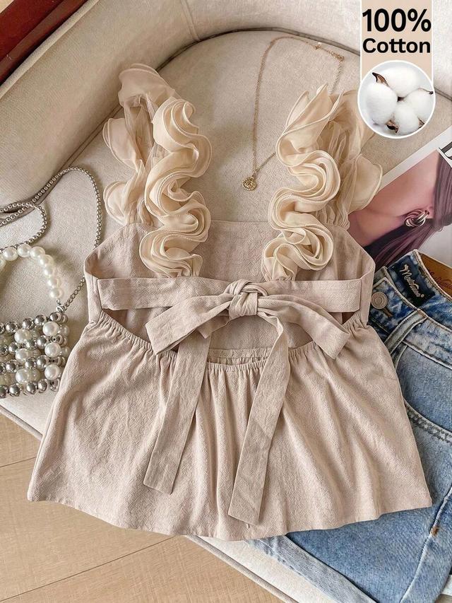 beige cotton ruffle strap tie-back camisole top
