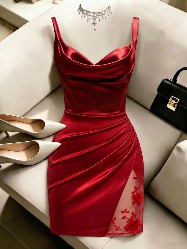 red satin cowl neck dress with floral mesh insert