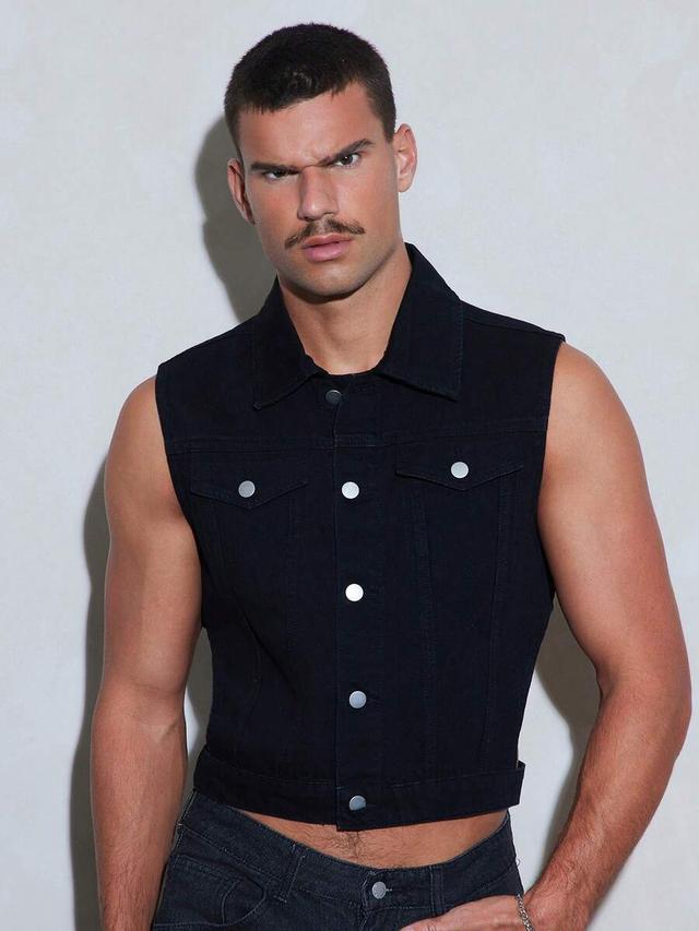washed black denim hollow out vest jacket