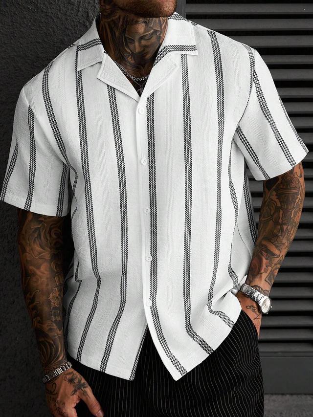 striped textured resort collar short sleeve shirt