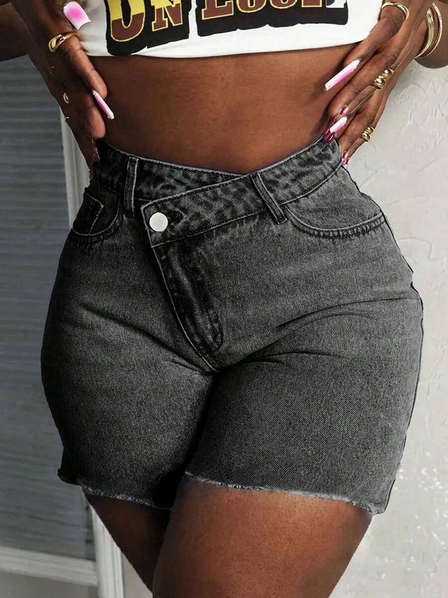 grey denim cross-waist casual shorts