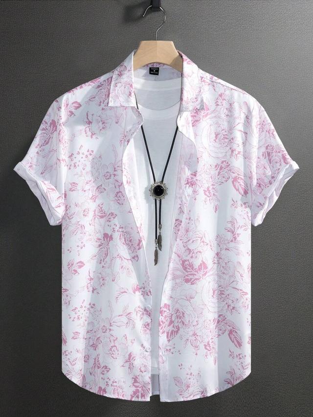 white and pink floral print short sleeve shirt