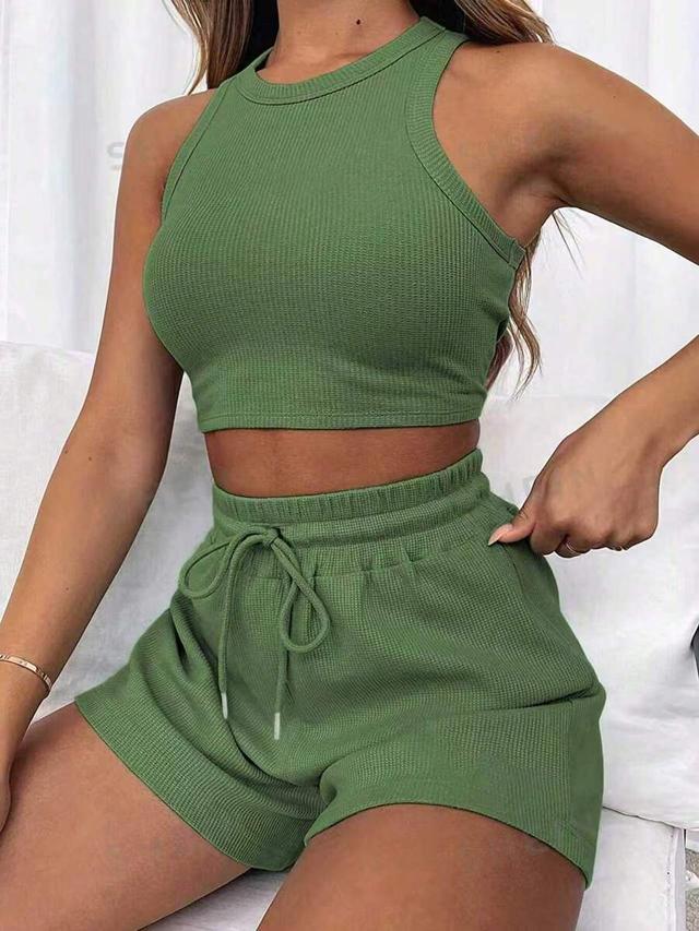 olive green waffle knit casual shorts