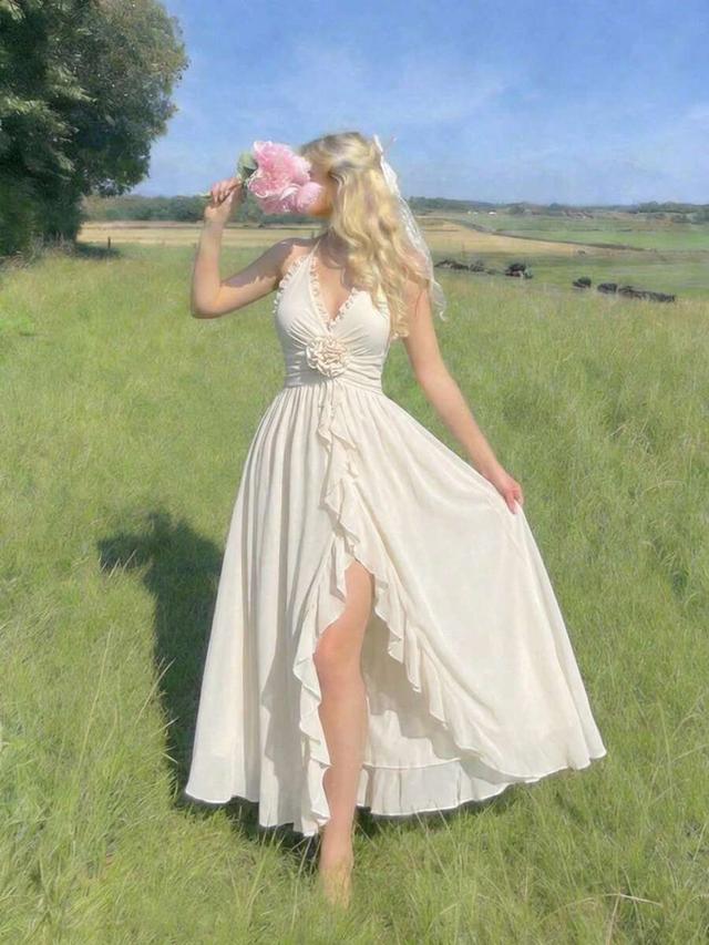 ivory halter neck ruffled chiffon maxi dress