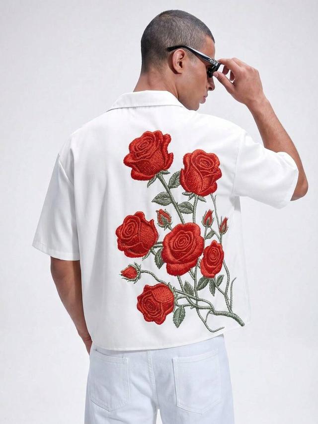 white box-cut short sleeve shirt with rose embroidery