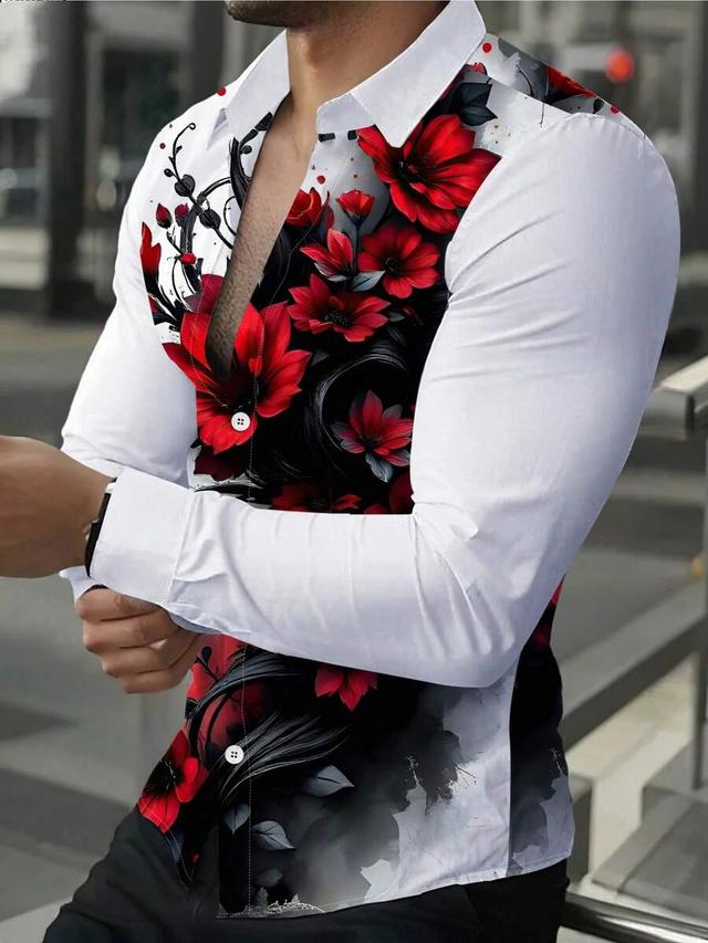 men's bold red floral asymmetrical long sleeve shirt