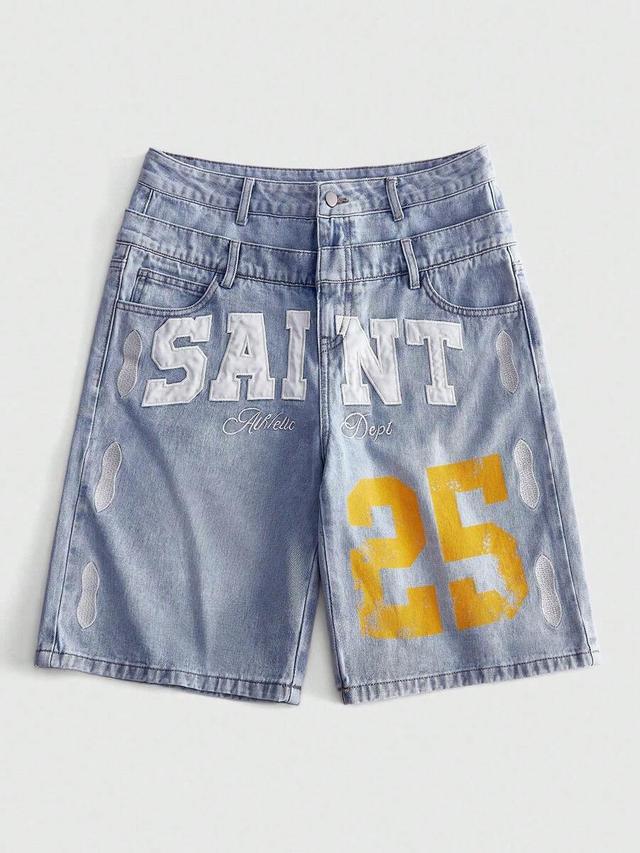 double waistband embroidered denim shorts with graphic print