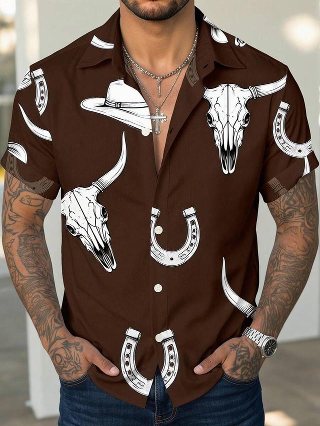 brown western print short sleeve casual shirt
