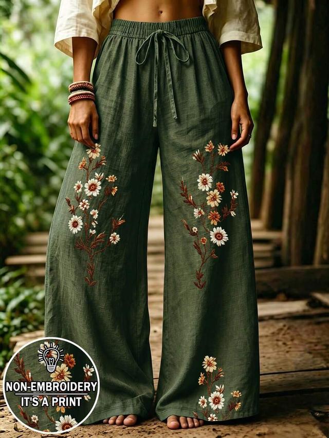 bohemian coffee color daisy print wide leg pants
