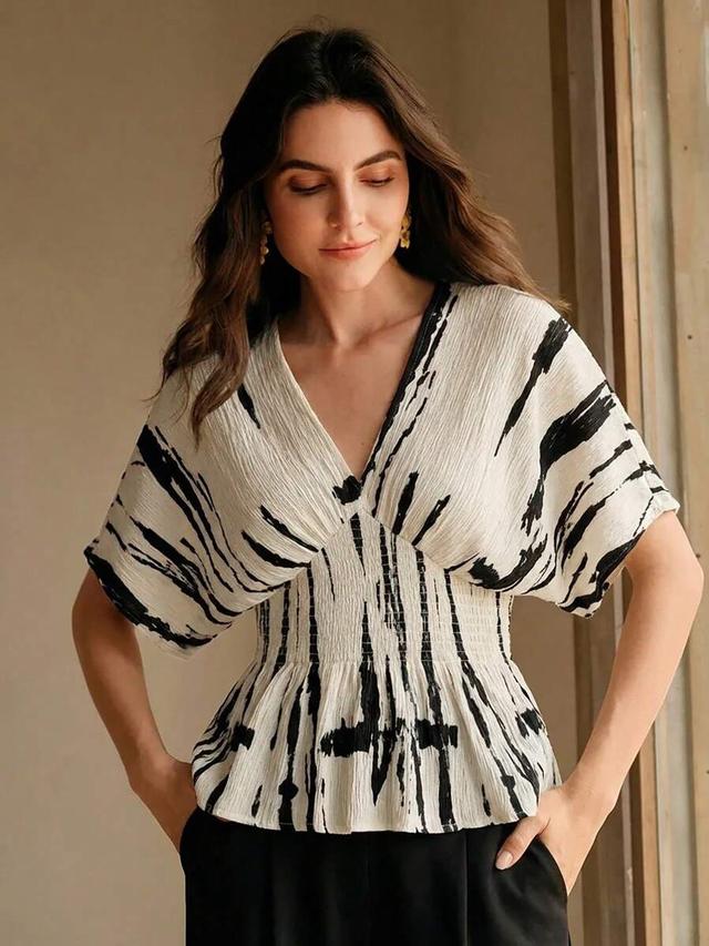 elegant ink painting print shirred waist top