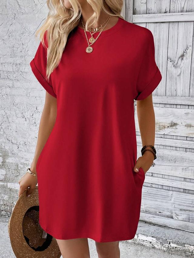 red casual shift dress with cuffed sleeves