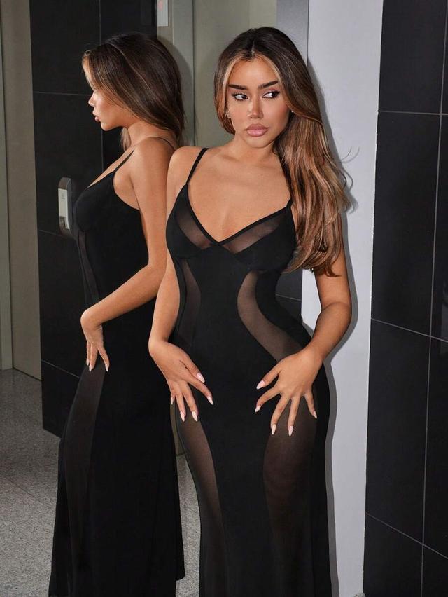 black asymmetric mesh patchwork bustier bodycon maxi dress