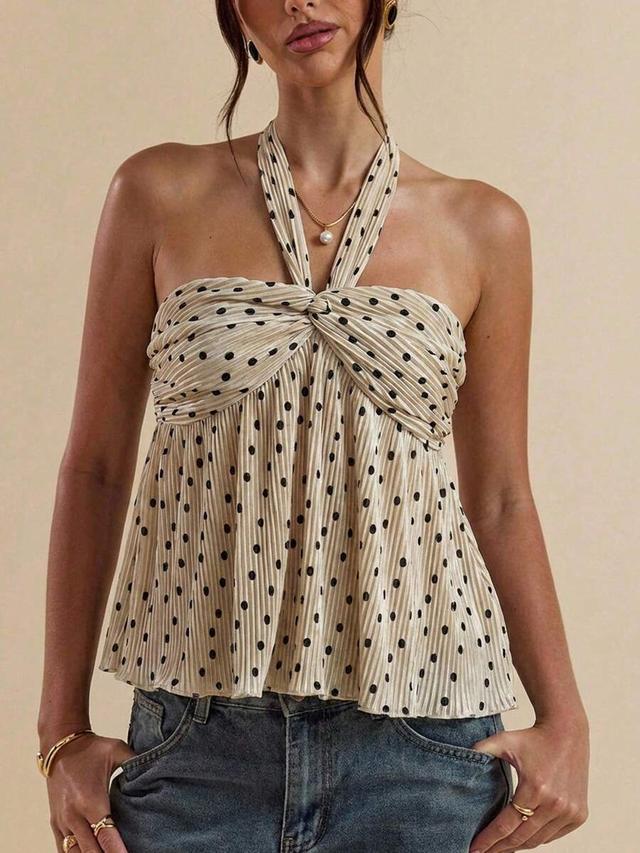 polka dot pleated halter neck elegant blouse