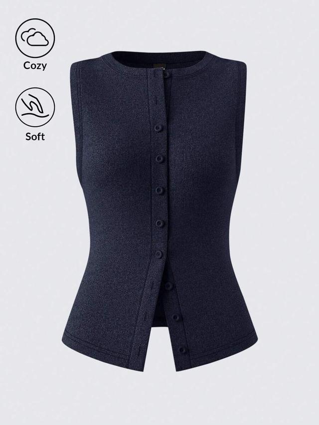 navy blue knitted sleeveless button-front tank top