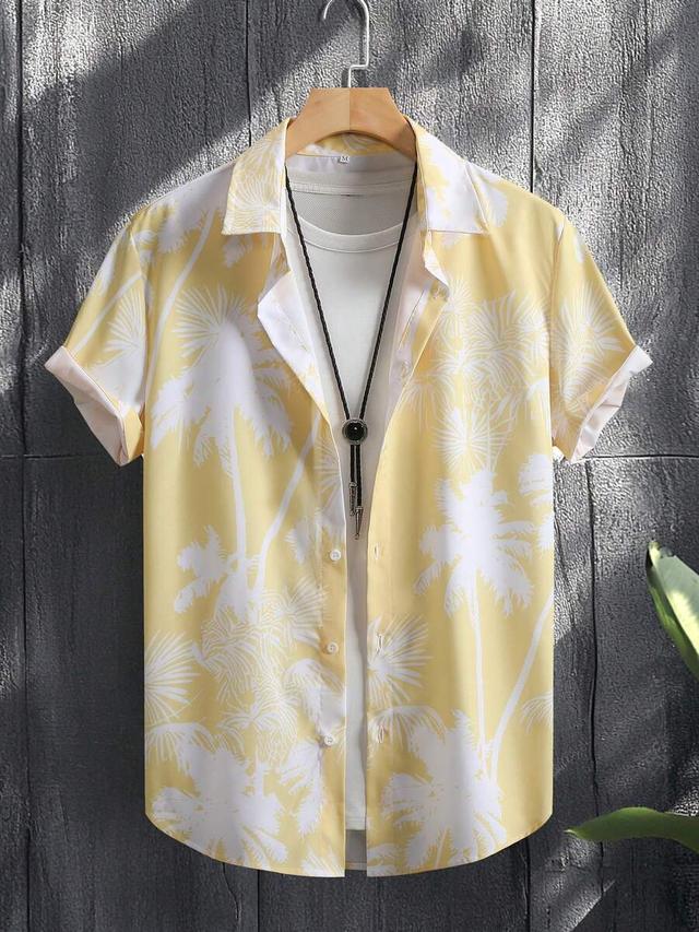 men's yellow palm tree print short sleeve casual shirt