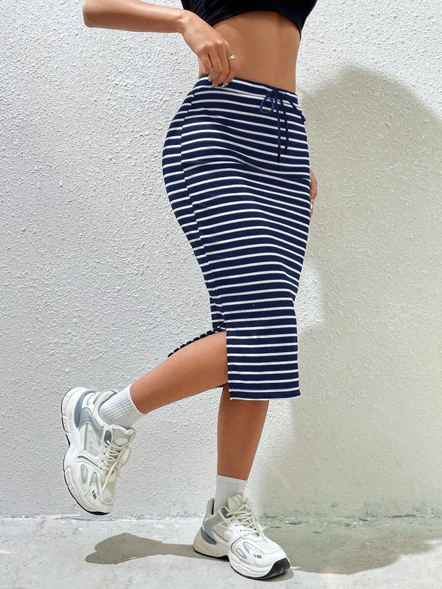 navy blue striped ribbed knit midi skirt