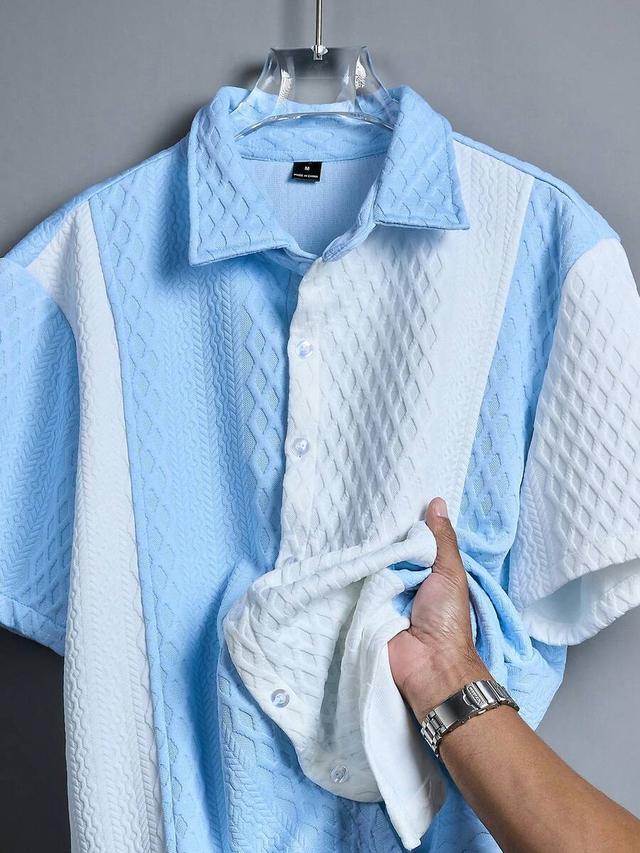 light blue and white colorblock textured short sleeve shirt