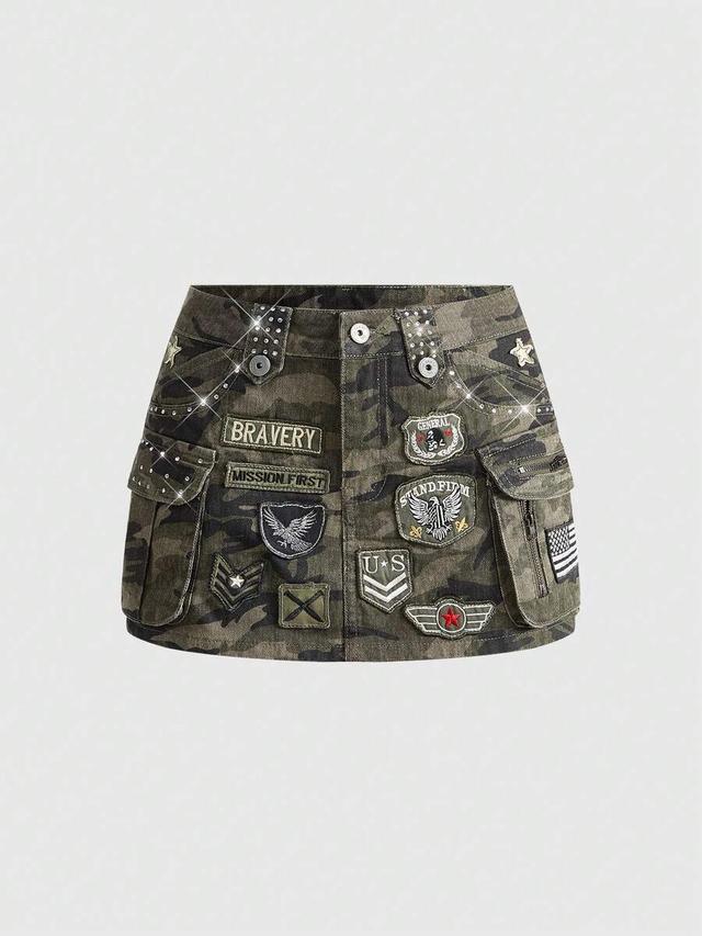 camo print cargo mini skirt with military patches