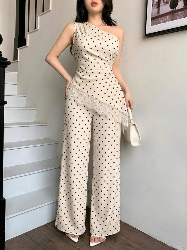 apricot black polka dot one-shoulder top and pants set