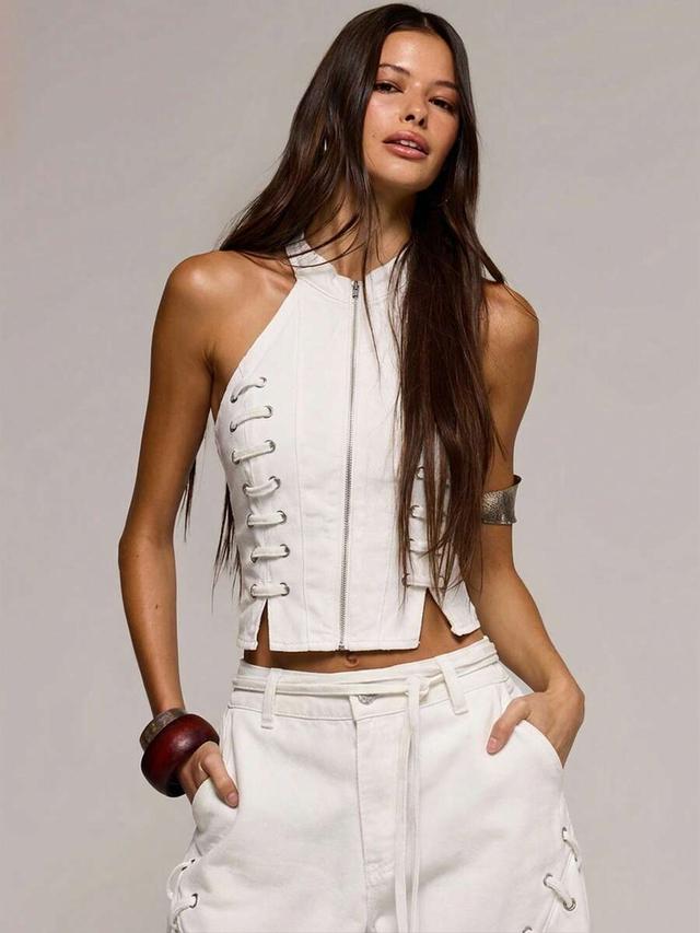 white denim high neck lace up fitted top