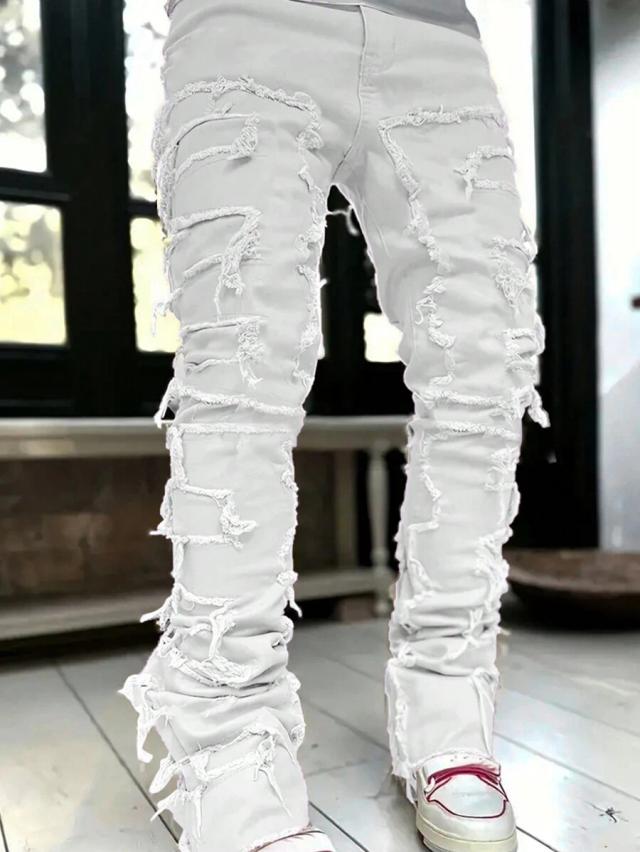 men's white distressed stacked slim fit jeans