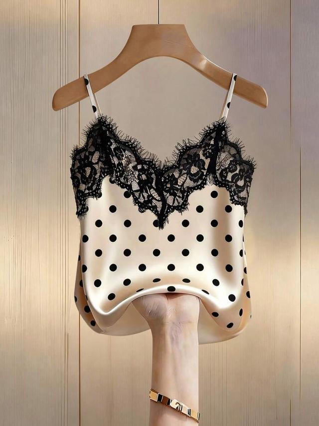 polka dot satin camisole with black lace trim